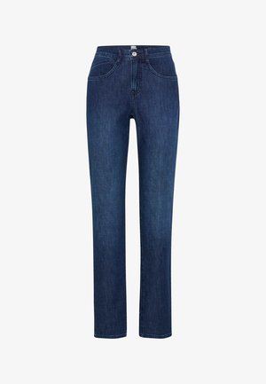 Jeans in denim blu scuro a gamba dritta con chiusura frontale con bottoni e cerniera, tasche frontali e posteriori, e cuciture visibili.