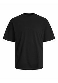 Schwarzes Baumwoll-T-Shirt mit rundem Halsausschnitt, kurzen Ärmeln und lockerer Passform. Glatte Textur, ohne sichtbare Muster oder Verzierungen.