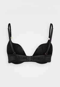 Black padded bra with underwire, triangular cups, adjustable straps, and a three-hook closure. Features gold-tone hardware accents.