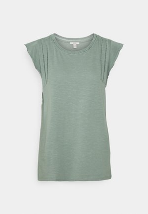 Green short-sleeve t-shirt made of soft fabric. Featuring a round neckline and detailed side cuts, with a slightly relaxed fit.