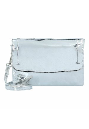Silver metallic crossbody bag with a smooth texture, fold-over flap, and detachable strap. Features stitching along edges and a sleek design.