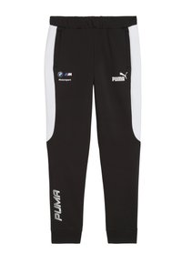 Sorte sweatpants med hvide sidestrimler, der har BMW Motorsport og Puma-logoer, designet til komfort og atletisk sportstøj.