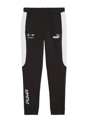 Schwarze Jogginghosen mit weißen Seitenpanelen, die mit den Logos von BMW Motorsport und Puma versehen sind, entworfen für Komfort und sportliche Aktivität.