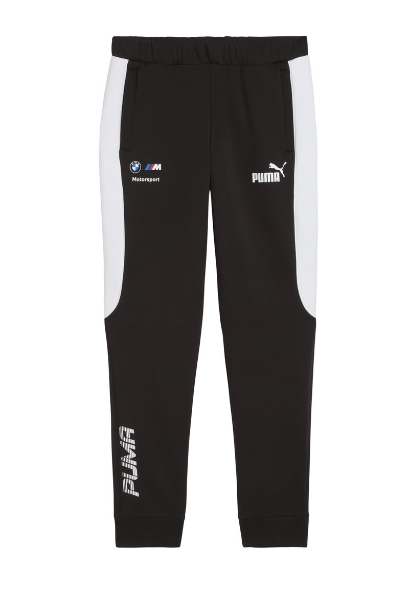 Sorte sweatpants med hvide sidestrimler, der har BMW Motorsport og Puma-logoer, designet til komfort og atletisk sportstøj.