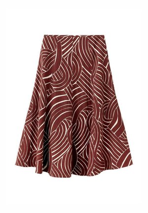 Jupe évasée marron avec un motif tourbillonnant abstrait blanc. Confectionnée dans un tissu texturé, elle présente une taille haute et une silhouette fluide.