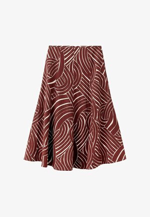 Falda marrón acampanada con un patrón abstracto de remolinos blancos. Confeccionada en tela texturizada, presenta una cintura alta y una silueta fluida.