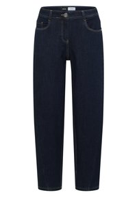 Jean en denim bleu foncé avec un design classique à cinq poches, fermeture par boutons et détail de couture jaune.