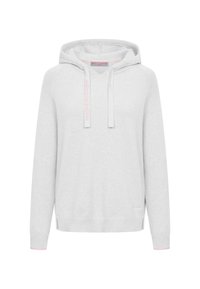 Lichtgrijze hoodie gemaakt van zachte stof, met een capuchon met trekkoord, zij-splitten en roze accenten op de trekkoorden en mouwen.