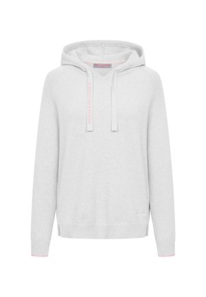 Lichtgrijze hoodie gemaakt van zachte stof, met een capuchon met trekkoord, zij-splitten en roze accenten op de trekkoorden en mouwen.