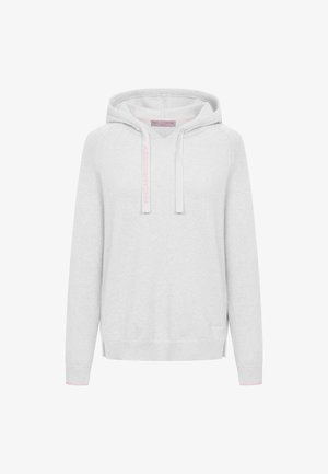 Jasnoszara bluza z kapturem, wykonana z miękkiego materiału, z regulowanym kapturem, bocznymi rozcięciami oraz różowymi akcentami na sznurku i mankietach.