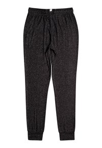 Black sweatpants made of a textured fabric, featuring an elastic waistband and cuffs, with a subtle heather pattern throughout.