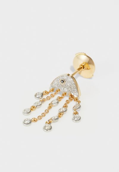 Gold-tone earring with a textured, gem-encrusted top and dangling chains featuring silver and clear crystal accents.