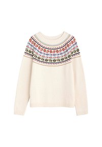 Suéter de punto color crema con cuello redondo y puños acanalados, que presenta un canesú estampado en rojo, azul, verde y amarillo con diseños florales.