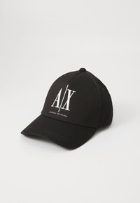 Fekete, ívelt peremű, szövetből készült baseball sapka. Az elején fehér hímzett "A|X" logó és "ARMANI EXCHANGE" szöveg található.