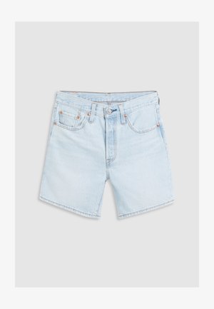 Ανοιχτό μπλε τζιν σορτς με ξεθωριασμένο φινίρισμα. Διαθέτει πέντε τσέπες, κουμπί κλεισίματος και πορτοκαλί ραφές. Κλασική ευθεία γραμμή.