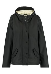 Schwarze wasserdichte Jacke mit Kapuze, ausgestattet mit einem weichen, cremefarbenen Futter, Druckknopfverschluss und zwei vorderen Taschen mit schrägen Klappen.