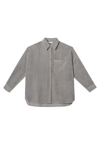 Grå manchester-skjorta med knappar fram, krage, en bröstficka och bruna knappar. Har en ledig passform och långa ärmar.