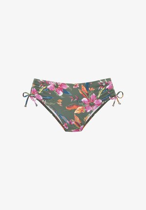 Olijfgroene bikinibroekjes met roze en oranje tropische bloemenprint, zijs koordsluitingen en een klein metalen knoopje aan de rechterheup.
