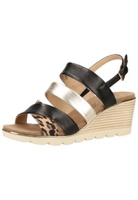 Black, silver, and leopard print wedge sandal with three straps, open toe, ankle strap, and textured sole. Heel height approximately 7.5 cm.