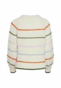 Pull en tricot crème avec des rayures texturées horizontales en orange, vert olive, rose et bleu clair, vu de dos.