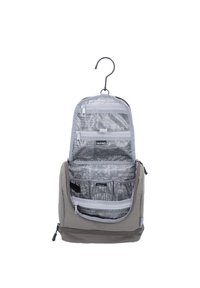 Borsa da toiletta grigia appesa con più tasche in mesh con zip e un compartimento inferiore grigio solido. Presenta un gancio robusto per appendere.