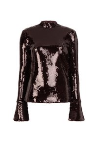 Langsleeve top bedekt met donkere bordeauxkleurige pailletten, met een hoge hals en uitlopende mouwen, ontworpen met een gladde textuur en een aansluitende pasvorm.