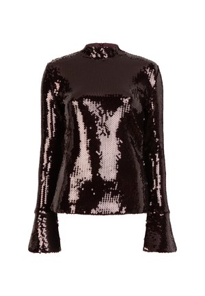 Langsleeve top bedekt met donkere bordeauxkleurige pailletten, met een hoge hals en uitlopende mouwen, ontworpen met een gladde textuur en een aansluitende pasvorm.