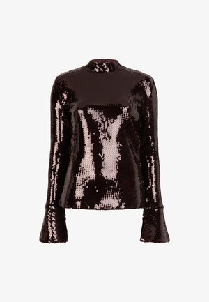 Langsleeve top bedekt met donkere bordeauxkleurige pailletten, met een hoge hals en uitlopende mouwen, ontworpen met een gladde textuur en een aansluitende pasvorm.