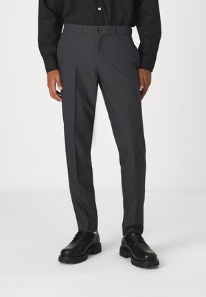 Pantalons ajustés gris avec un subtil motif pied de poule, dotés d'une fermeture à bouton, de passants de ceinture et d'une coupe droite.