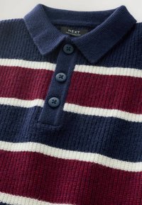Polo din tricot, cu un model în dungi navy, burgund și alb. Trei butoane navy pe guler, țesătură texturată.