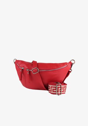 Rote Ledergürteltasche mit silbernen Reißverschlüssen und einem verstellbaren, abnehmbaren Träger mit einem roten und weißen geometrischen Muster.