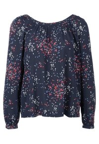 Blusa navy con maniche lunghe, polsi elasticizzati e un motivo floreale in rosso, bianco e blu. Tessuto leggero con scollatura rotonda.