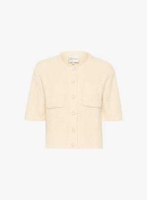 Helles, kurzärmeliges Cardigan aus strukturiertem Strickstoff, mit zwei vorderen Taschen und fünf Knöpfen an der Vorderseite.