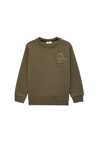Olijfgroene sweatshirt met lange mouwen, geribbelde manchetten en ronde halslijn. Voorzien van een grafisch ontwerp met de tekst "Geniet van de Rit". Zachte textuur.