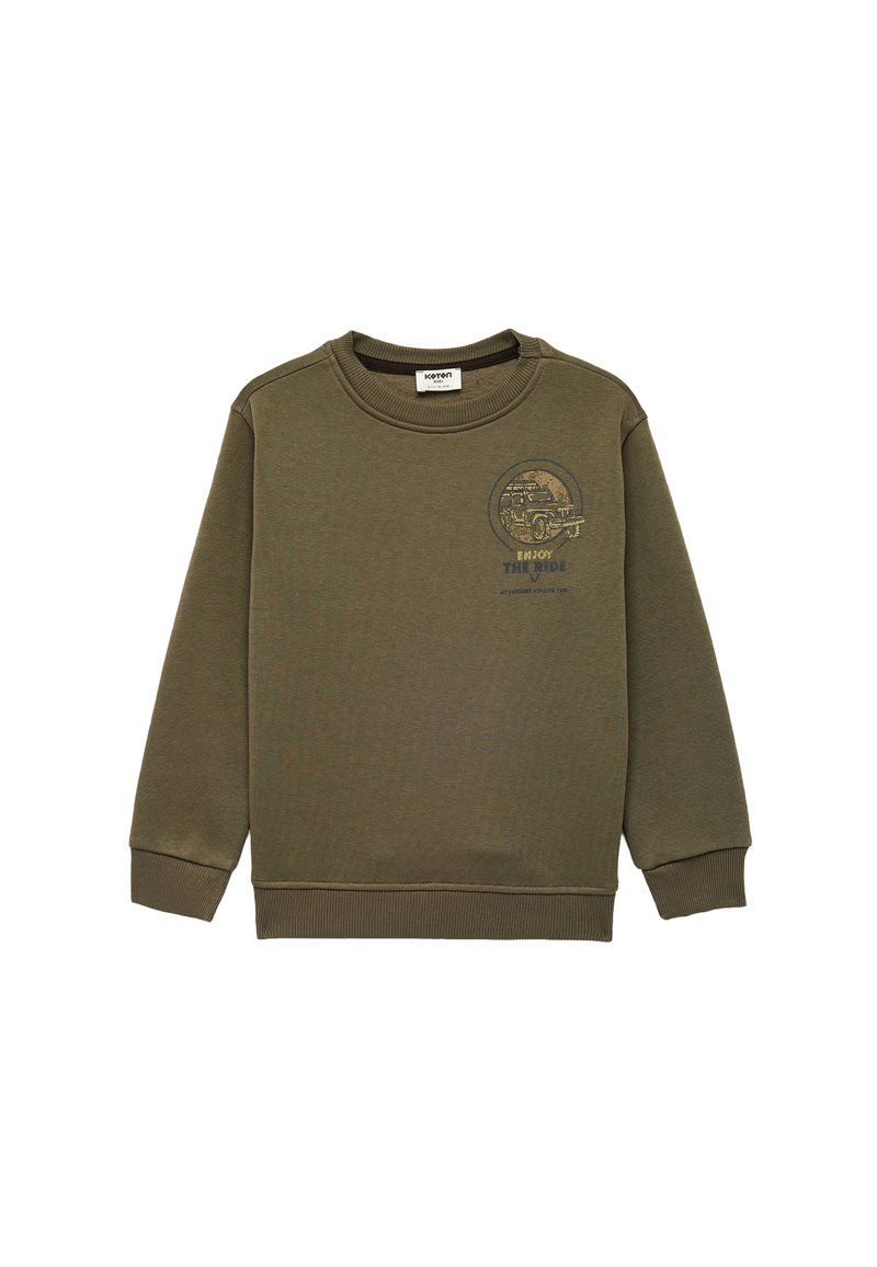 Olijfgroene sweatshirt met lange mouwen, geribbelde manchetten en ronde halslijn. Voorzien van een grafisch ontwerp met de tekst "Geniet van de Rit". Zachte textuur.