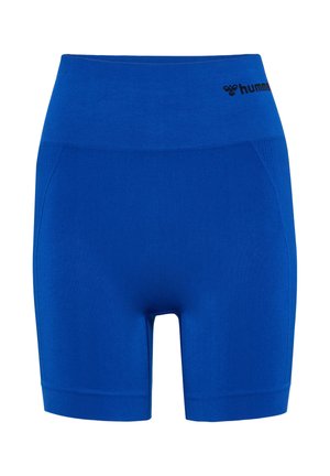 Hoch taillierte nahtlose blaue Radhose mit breitem Bund und kleinem schwarzem Logo vorne links.