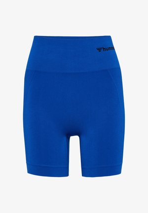 Hoch taillierte nahtlose blaue Radhose mit breitem Bund und kleinem schwarzem Logo vorne links.