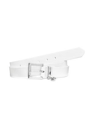 White leather belt with a rectangular metal buckle. Smooth texture, multiple holes for adjustment, and a tapered end.