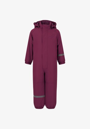 Lila wasserdichter Overall mit Kapuze, elastischen Bündchen und reflektierenden Streifen an den Ärmeln. Glatte Textur, gerades Bein Design.