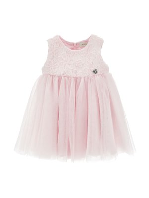 Ærmeløs lys pink babykjole med broderet blomsterliv og blødt tylskørt, med et lille logo på brystet.