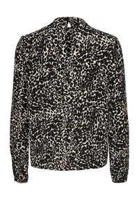 Blouse à manches longues avec motif animalier abstrait noir et beige et une petite ouverture en forme de trou de serrure dans le dos au niveau de l'encolure.
