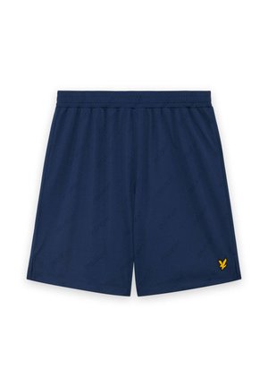 Pantaloncini da uomo blu navy con vita elasticizzata e piccolo logo dell'aquila gialla sulla parte inferiore della gamba destra.