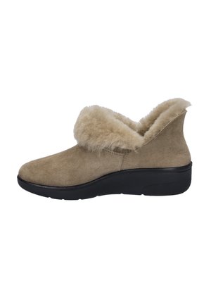 Suede ankle boot in beige with a fluffy, faux fur collar. Features a rounded toe and a black rubber sole for enhanced comfort and support.
