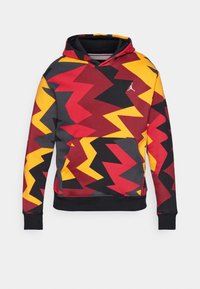 Sweat à capuche présentant un motif zigzag audacieux en rouge, jaune et noir. Confectionné en matériau doux avec une poche avant et des poignets côtelés.