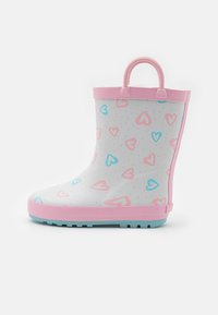 Pink and blue heart-patterned rubber rain boot with a textured sole and a pink handle at the top for easy wear.