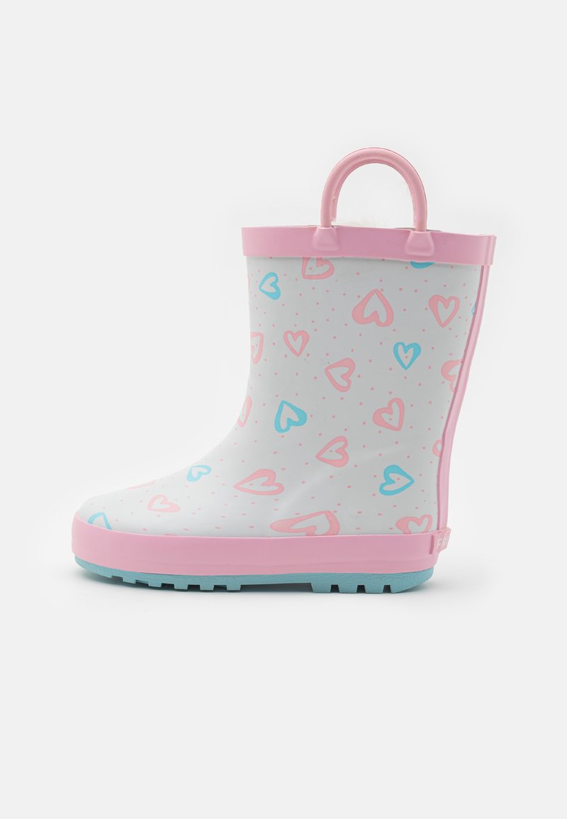 Pink and blue heart-patterned rubber rain boot with a textured sole and a pink handle at the top for easy wear.