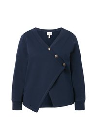 Top avvolgente di colore blu navy realizzato in tessuto morbido, caratterizzato da un collo a V, maniche lunghe e quattro dettagli con bottoni sul davanti.