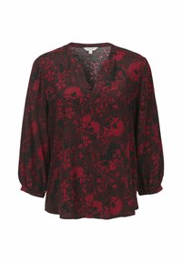 Sort bluse med dyb V-hals, prydet med et rødt blomster mønster, lange puffede ærmer og en løs pasform. Struktureret stof med en prikket baggrund.