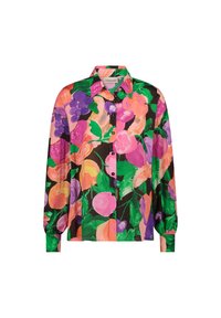 Bloes met bloemenprint in levendige kleuren zoals roze, paars en groen op een zwarte achtergrond. Met knoopsluiting en lange mouwen.
