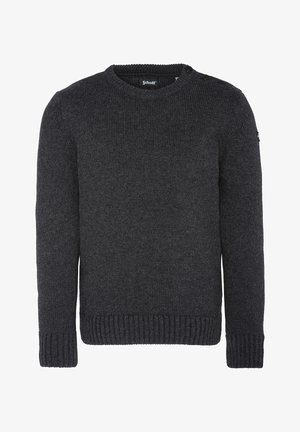 Maglione lavorato a maglia grigio scuro con scollatura rotonda, polsini e orlo a coste, e dettagli con bottoni sulle spalle. Realizzato in un tessuto spesso e testurizzato.